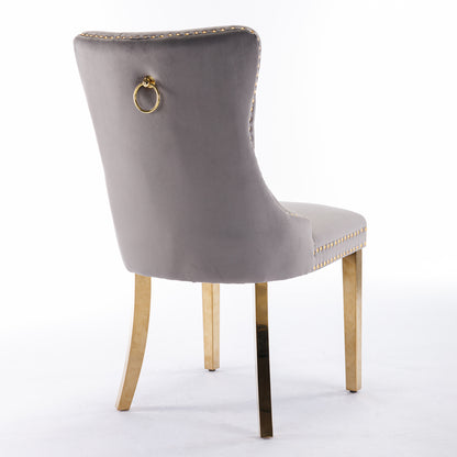 Tufted Velvet Dining Chair Set (2 pcs) – Gray & Gold Legs