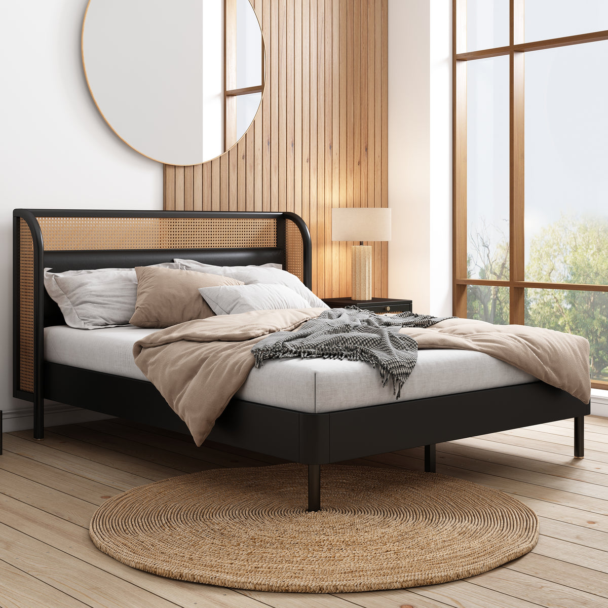 Cannage Rattan Queen Platform Bed Black Finish