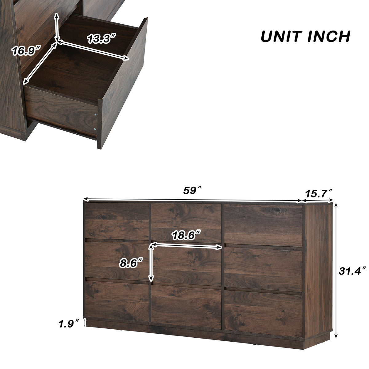 Mid-Century 9-Drawer Dresser Dark Brown