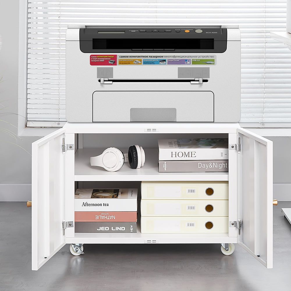 White Mobile Copier Cabinet – 2-Door File & Printer Stand with Wheels