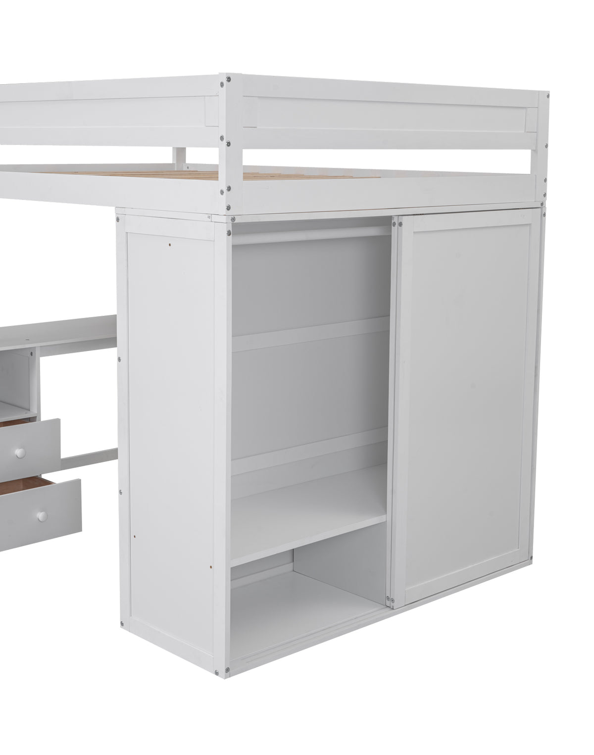 Full-Size Loft Bed with Wardrobe and Drawers White