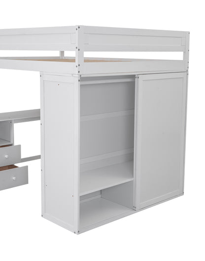 Full-Size Loft Bed with Wardrobe and Drawers White