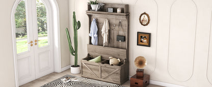 Oak Hall Tree with Hooks, Shelves, and Storage Bench