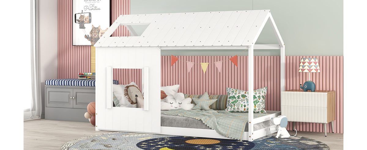 Twin House Bed with Roof Frame White