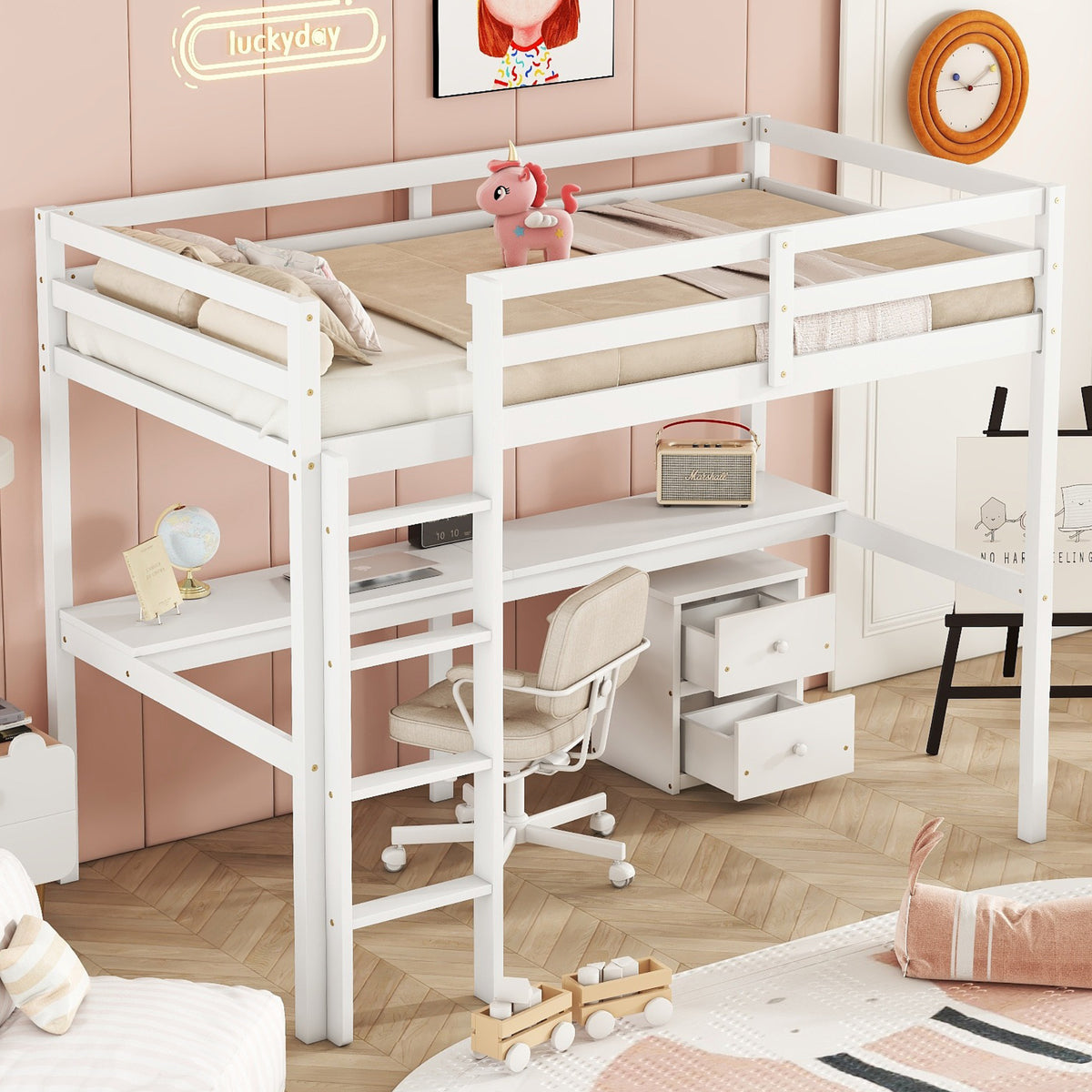 White Twin Loft Bed with Storage & Ladder
