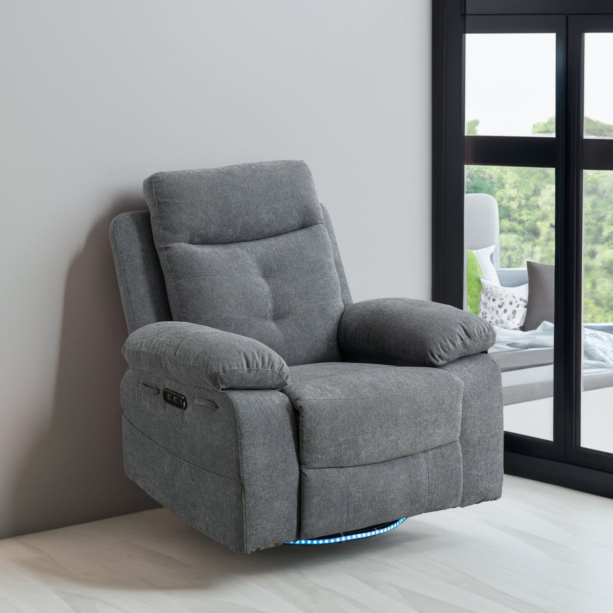 Light Gray 270° Swivel Power Recliner Chair – Linen Upholstery with Bluetooth, LED, USB Charging & Storage