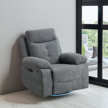 Light Gray 270° Swivel Power Recliner Chair – Linen Upholstery with Bluetooth, LED, USB Charging & Storage