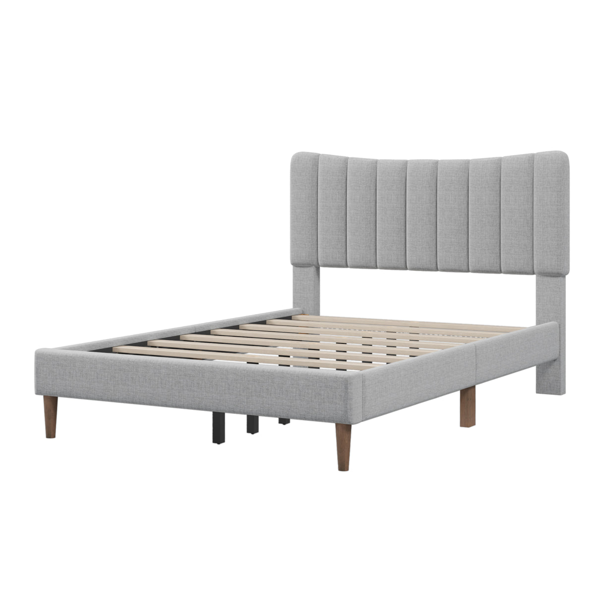 Upholstered Platform Bed with Vertical Channel Headboard Gray