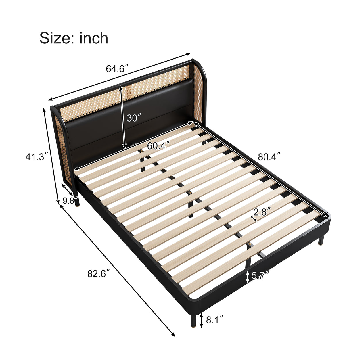 Cannage Rattan Queen Platform Bed Black Finish