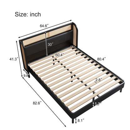 Cannage Rattan Queen Platform Bed Black Finish