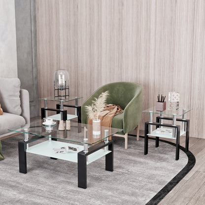 Glass Coffee Table Set (2 pcs) – Black Frame