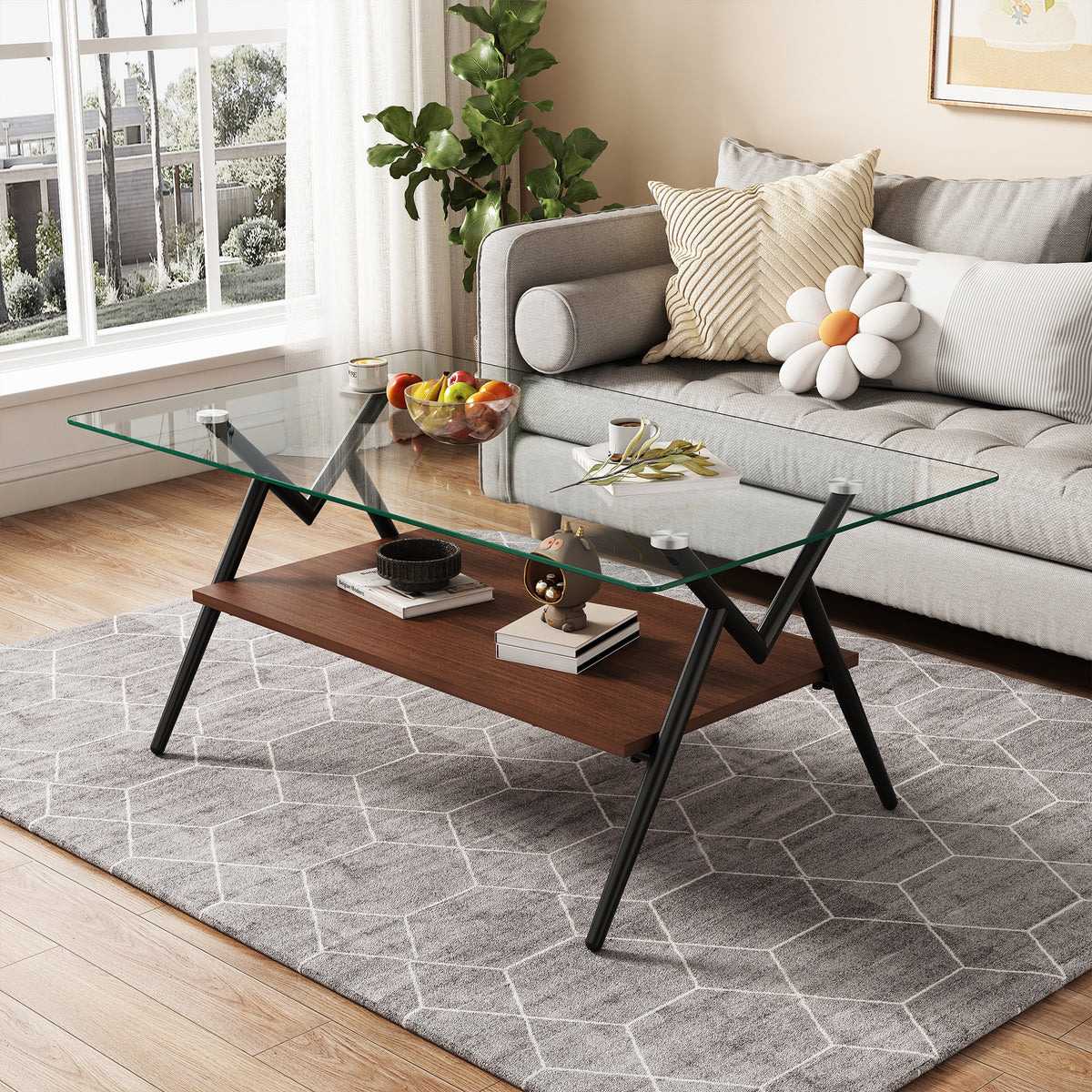 Rectangular Glass Coffee Table with Black Frame