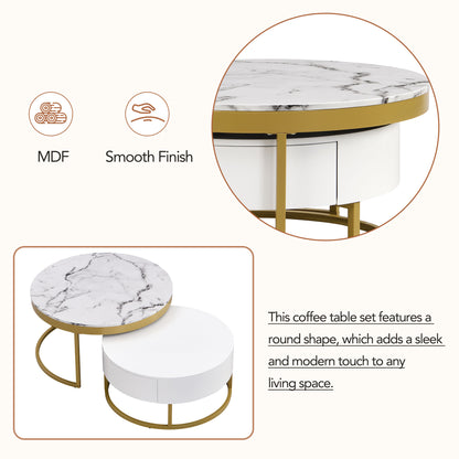 Round Nesting Coffee Table Set White Marble
