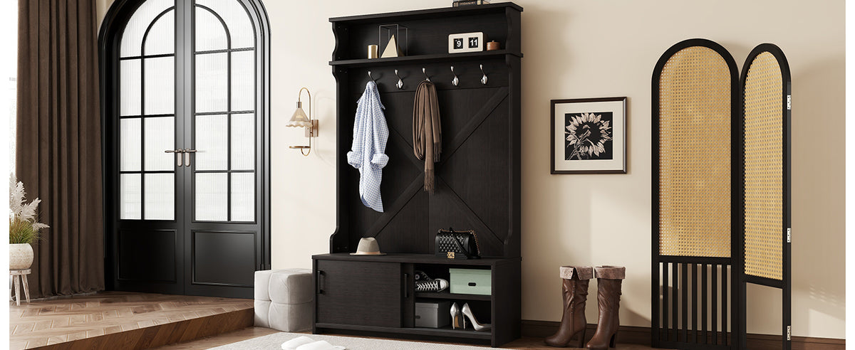Hall Tree with Sliding Door and Hooks Black