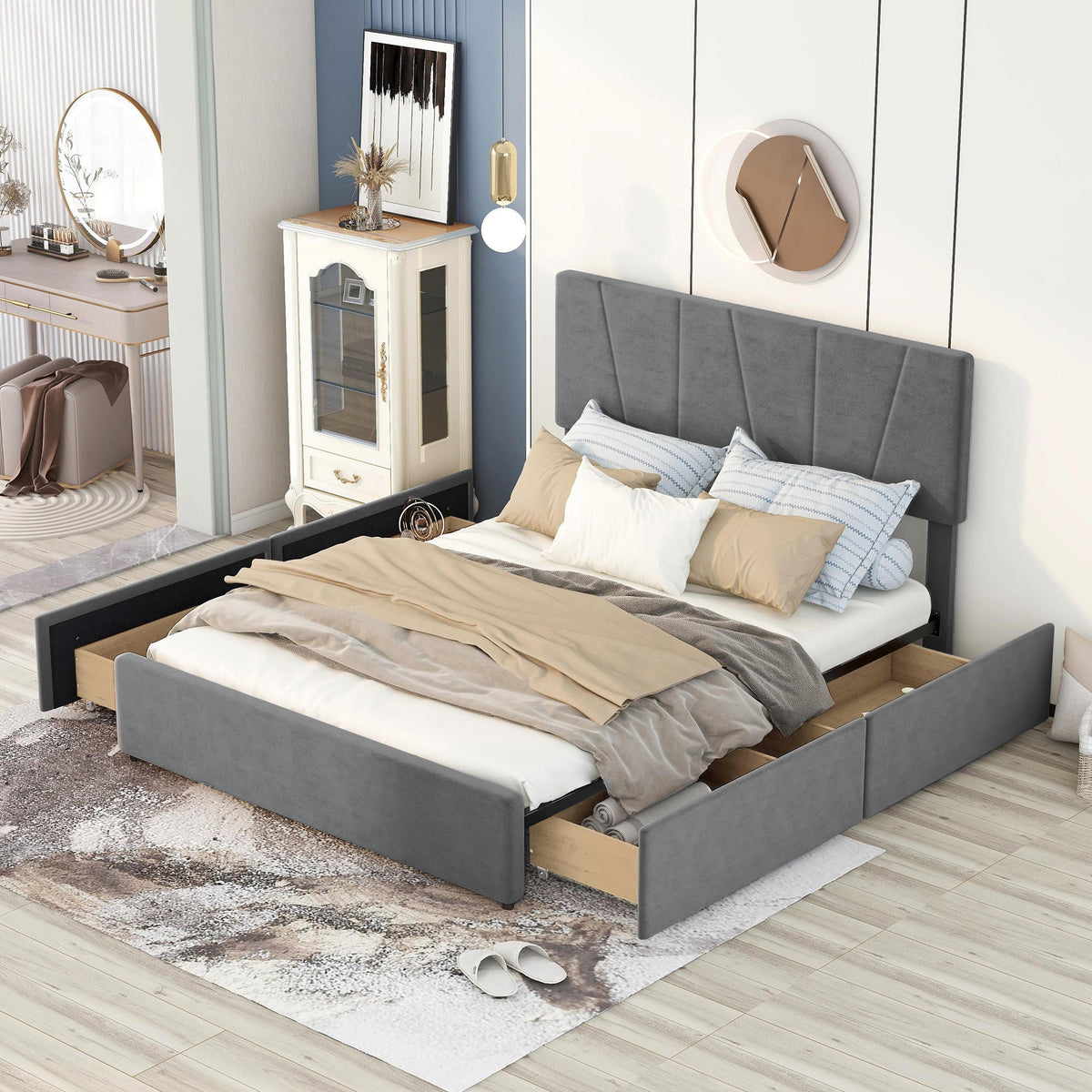 Queen Upholstered Platform Bed with Drawers Gray