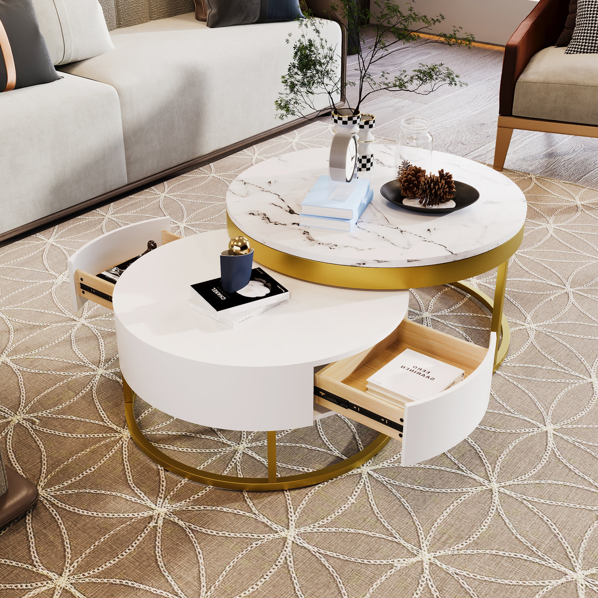 Round Nesting Coffee Table Set White Marble
