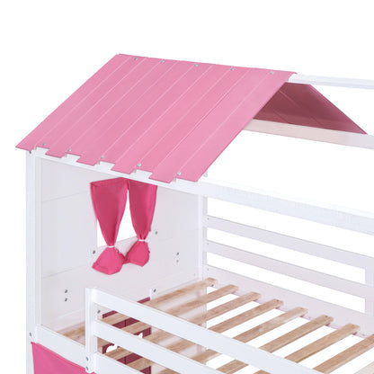 Twin Bunk Bed with Tent Pink White