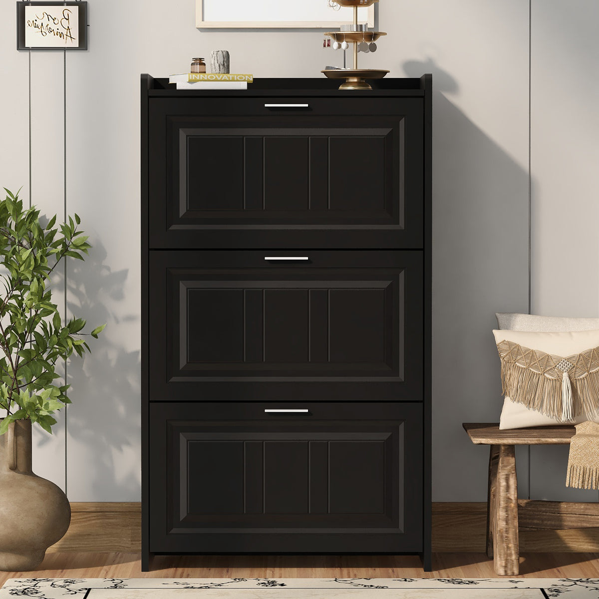 U-Can Black Shoe Storage Cabinet with 3 Flip Drawers