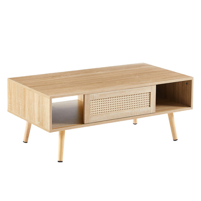 Rattan Coffee Table with Sliding Door Storage