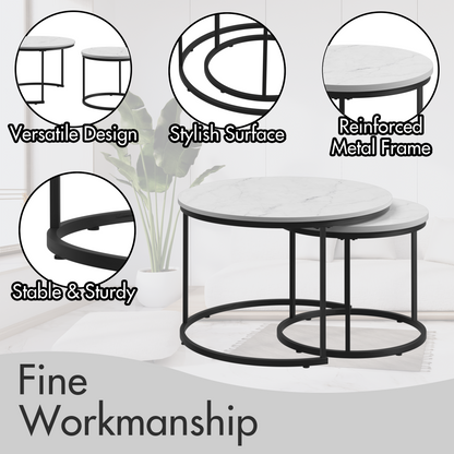 White 2-Piece Round Nesting Coffee Table Set – Marble-Look Wood Top with Metal Frame
