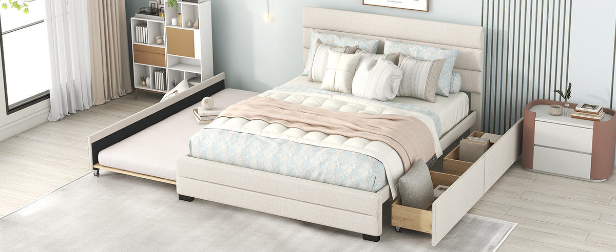 Queen Upholstered Bed with Twin Size Trundle Beige