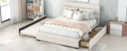 Queen Upholstered Bed with Twin Size Trundle Beige