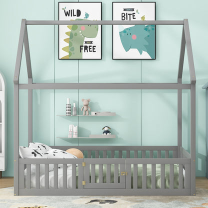 Full Wood Bed with Fence and Door Gray