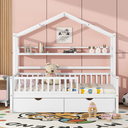 Twin House Bed with Storage Shelf White