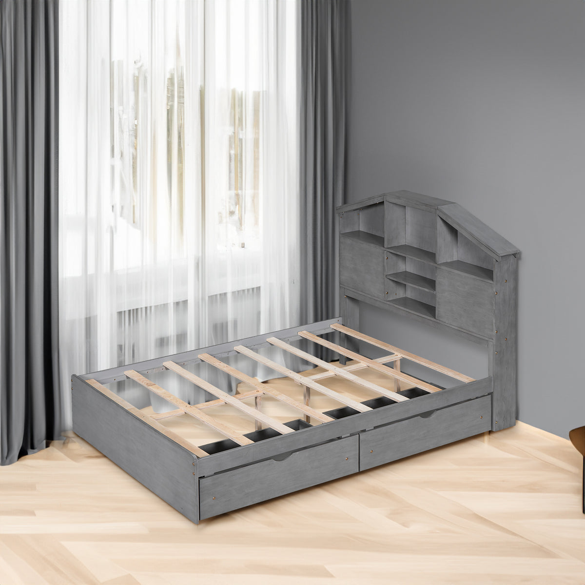 Full Platform Bed with Storage Headboard Gray