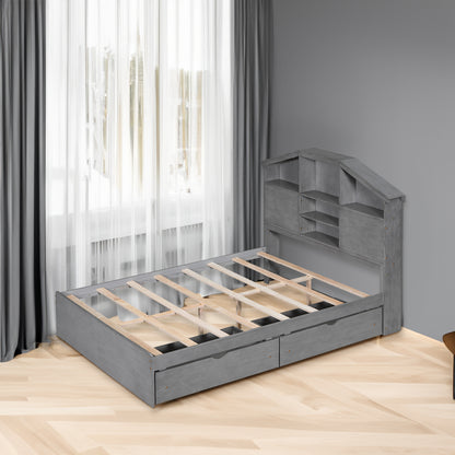 Full Platform Bed with Storage Headboard Gray