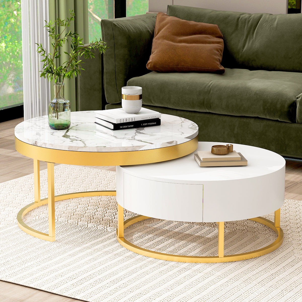 Round Nesting Coffee Table Set White Marble