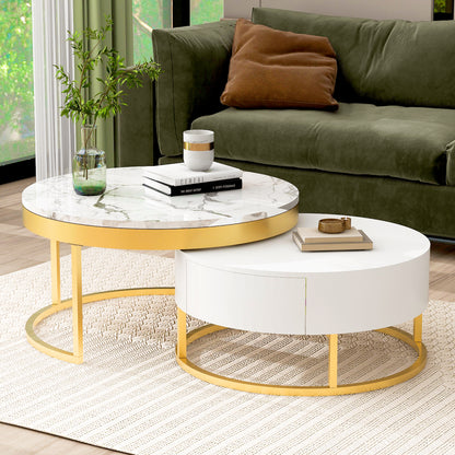 Round Nesting Coffee Table Set White Marble