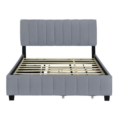 Velvet Upholstered Queen Platform Bed with Trundle Gray