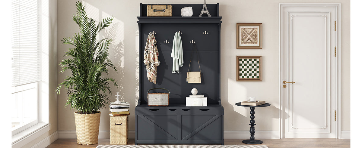 Dark Blue Hall Tree with Desk, Hooks, and Shelves