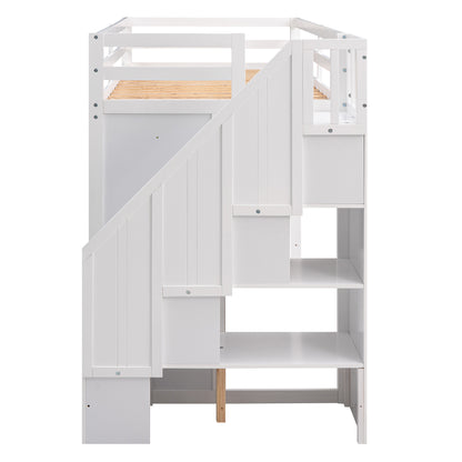 White Loft Bed with Storage and Ladder