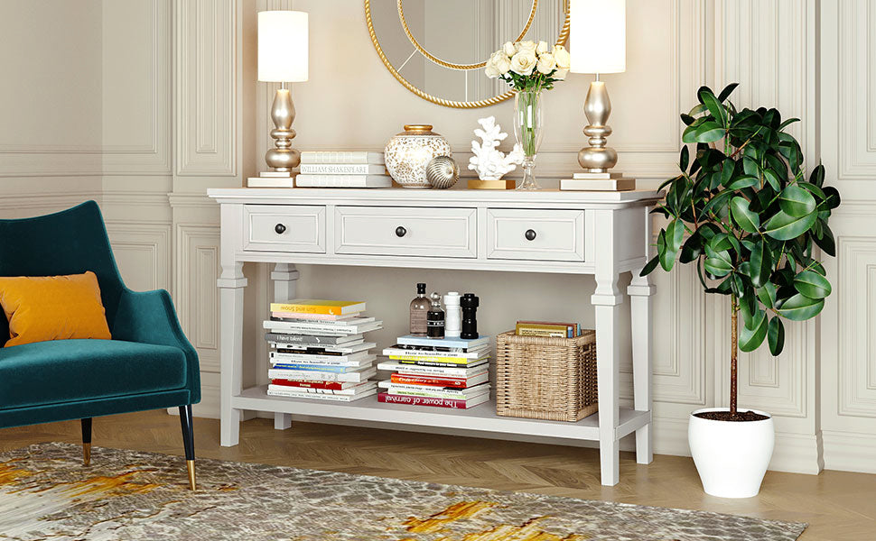 White Wood Console Table with Drawers