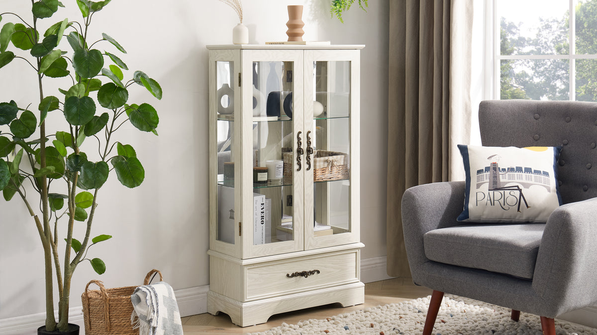 Light Oak Display Cabinet with Glass Doors and Drawer