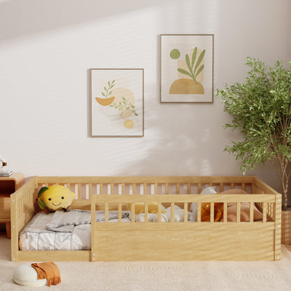 Natural Kids Floor Bed Frame with Fence