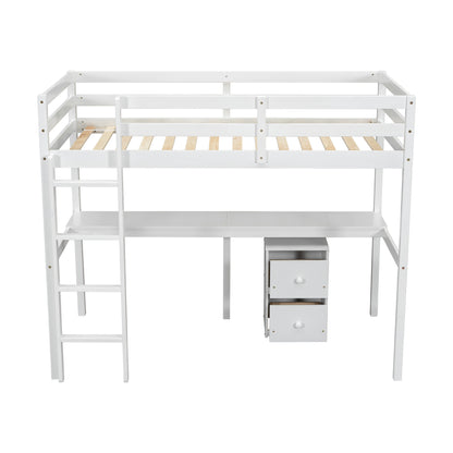 White Twin Loft Bed with Storage & Ladder