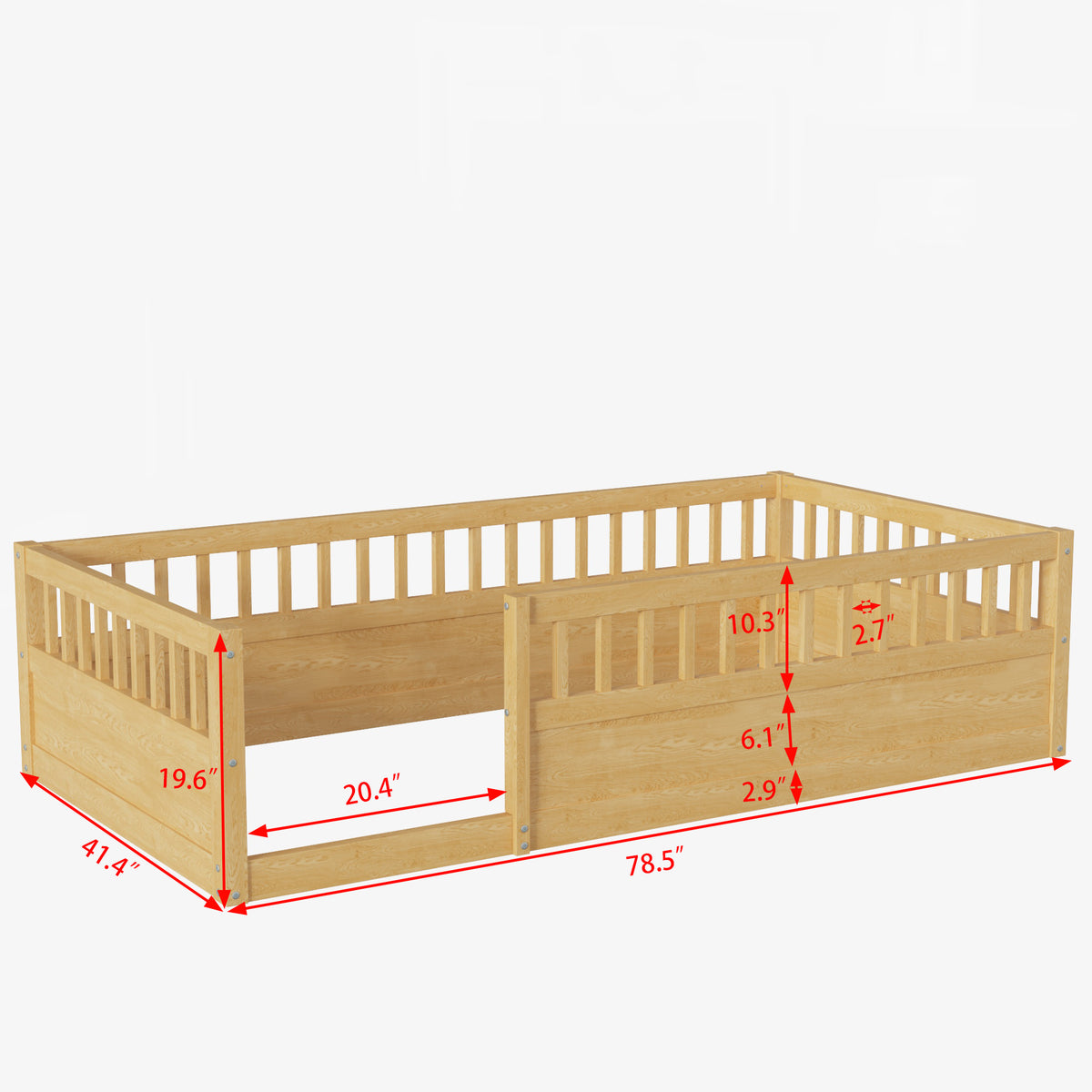Natural Kids Floor Bed Frame with Fence