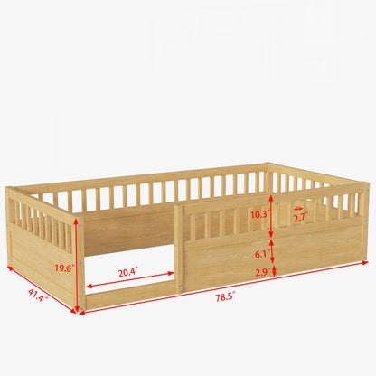 Natural Kids Floor Bed Frame with Fence