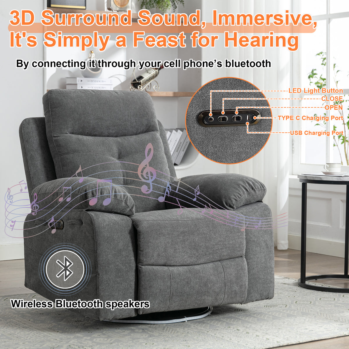 Electric Recliner Chair with LED Lighting Gray