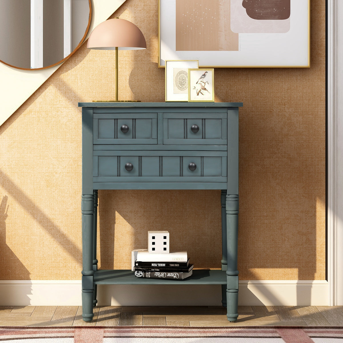 Slim Console Table with Drawers Navy Finish