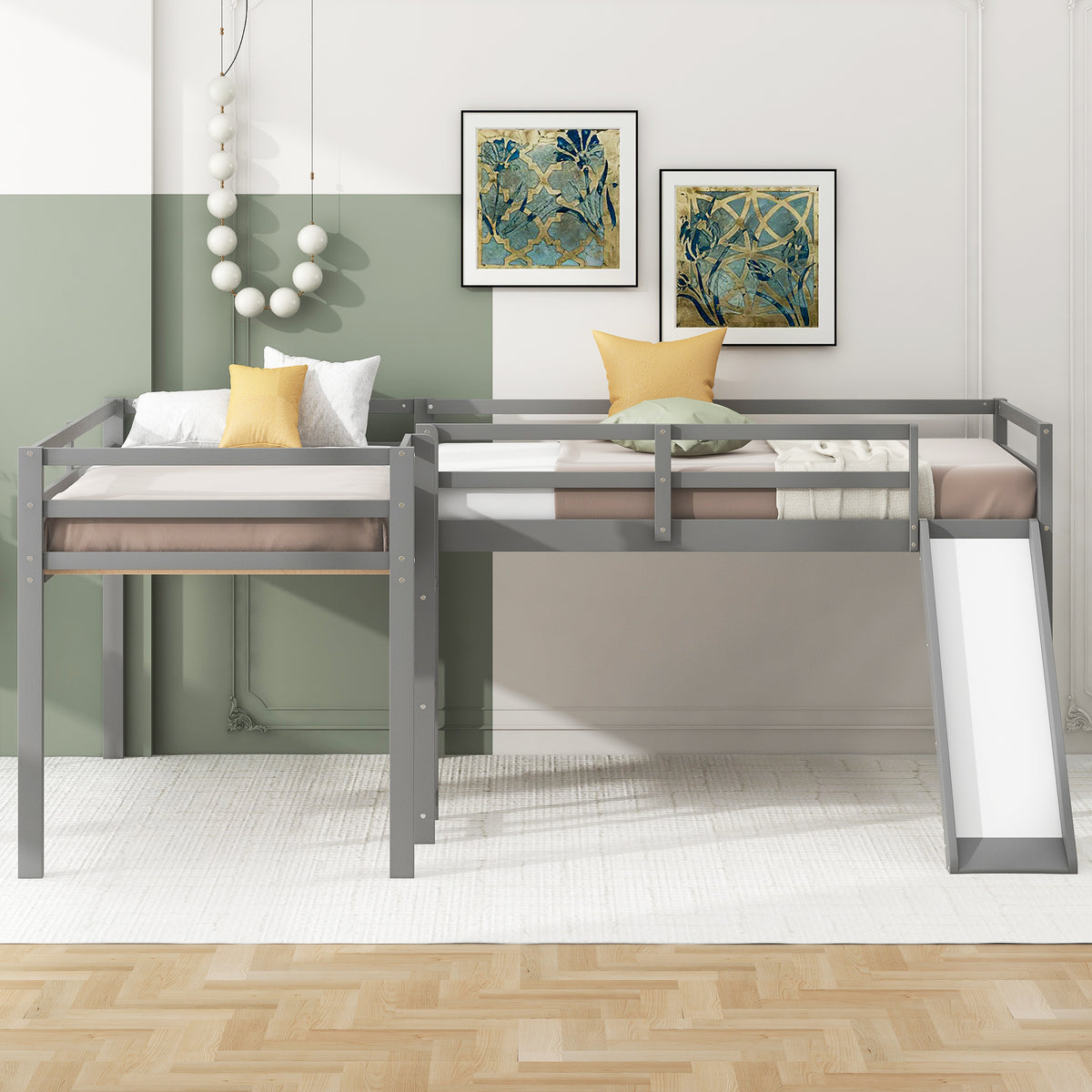 L-Shaped Twin Loft Bed with Slide Gray