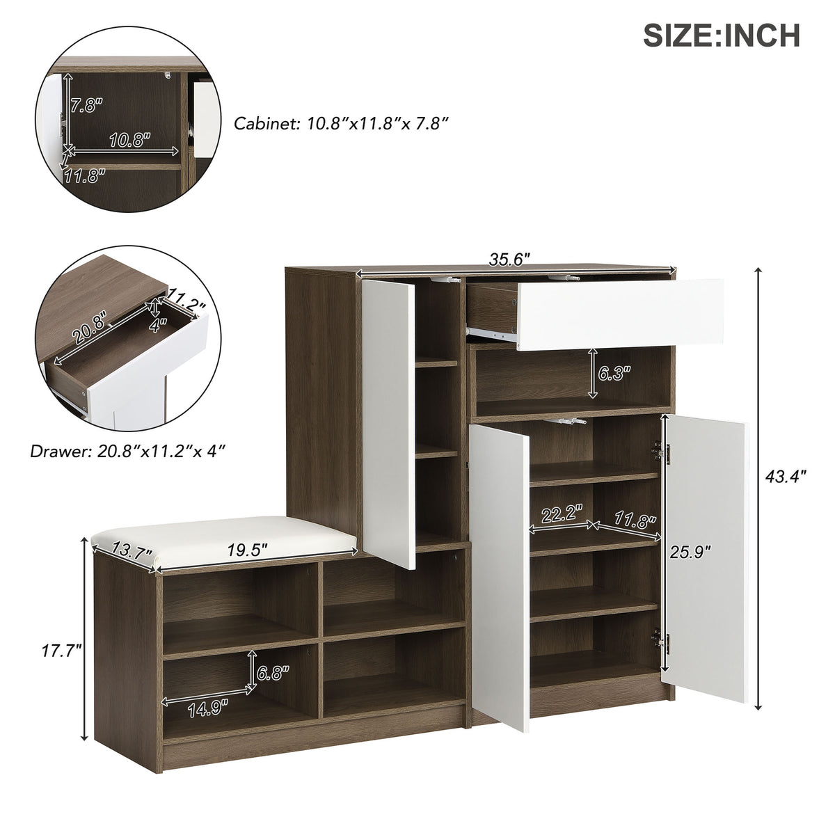 Shoe Cabinet with Soft Cushion Seat and Shelves