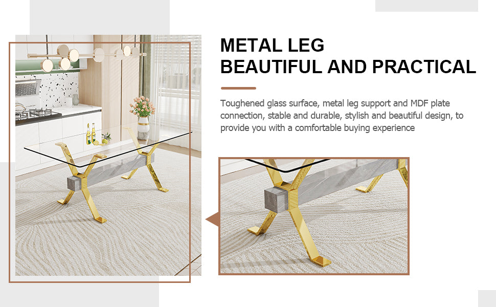 Glass Dining Table with Gold Metal Legs