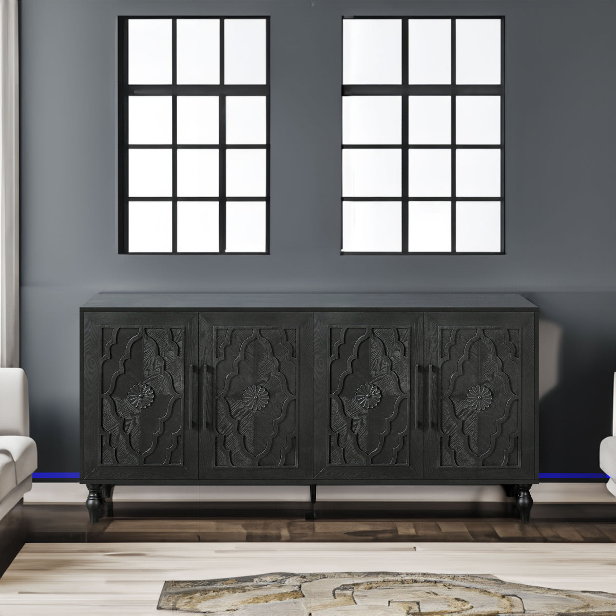 Carved Black Flower Door Storage Cabinet