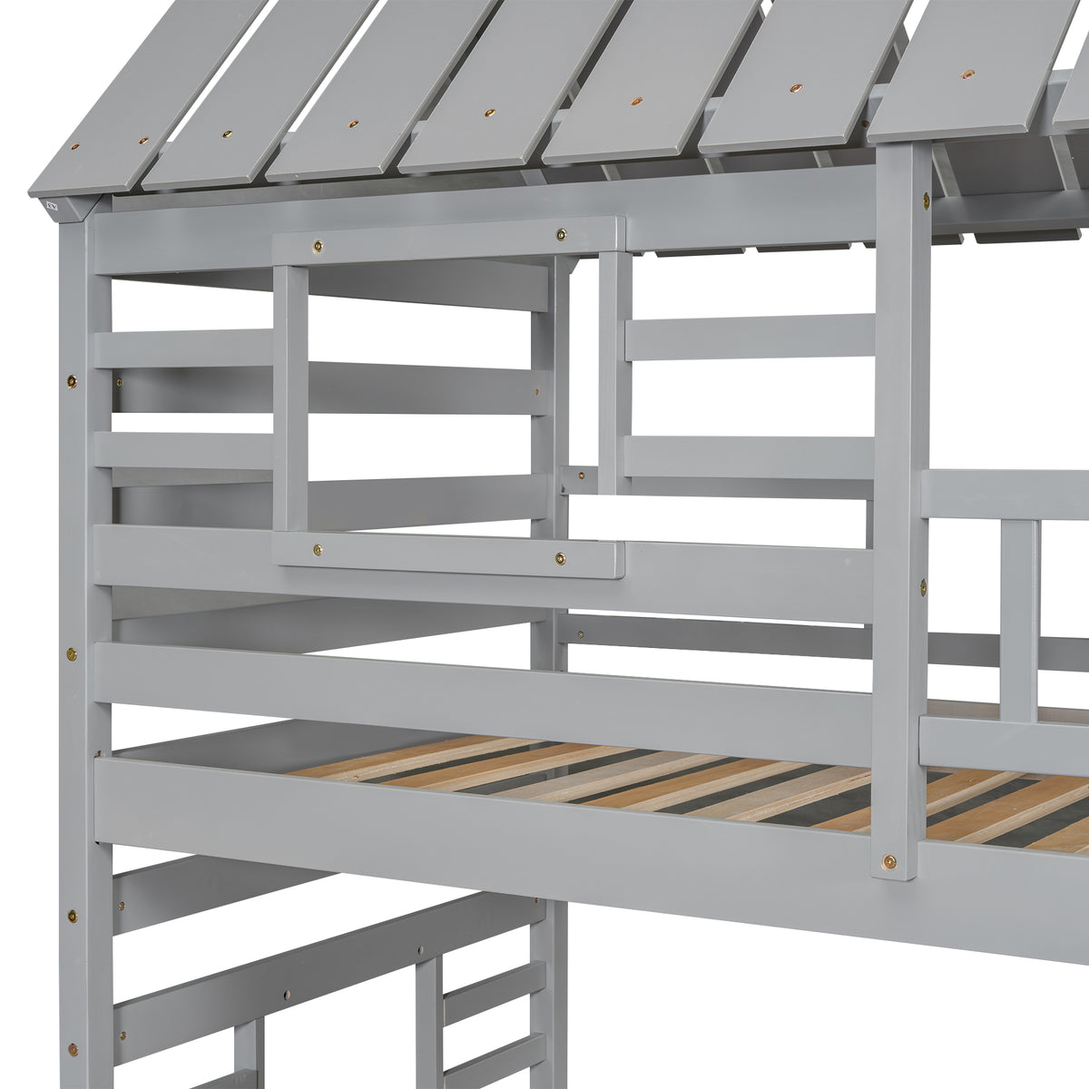 Twin Bunk Bed with Roof and Ladder Gray