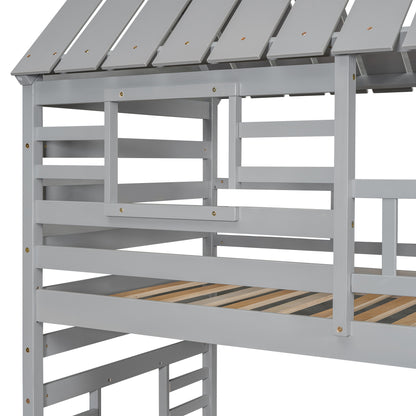 Twin Bunk Bed with Roof and Ladder Gray