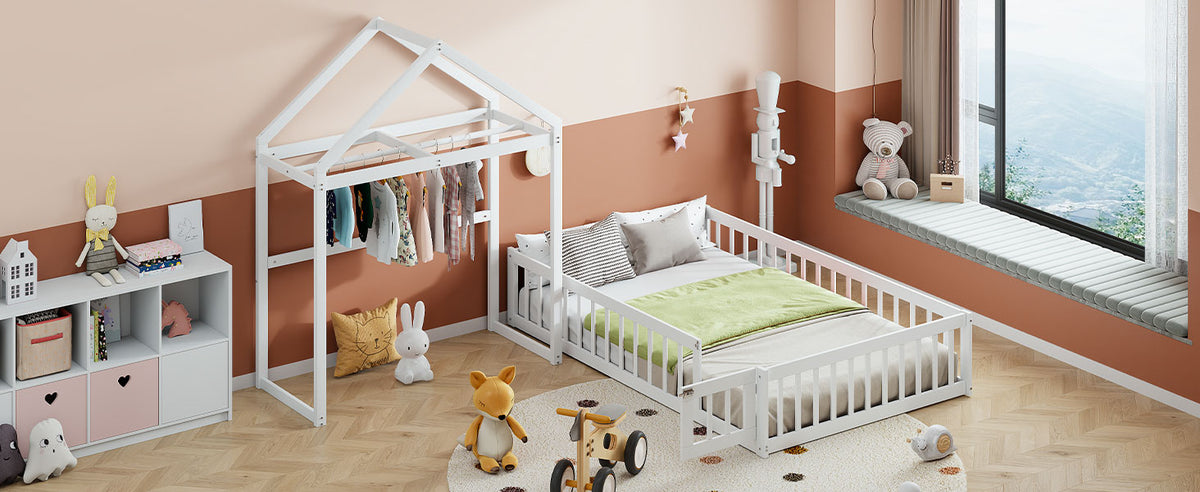 Full Platform Bed with Storage Rack White